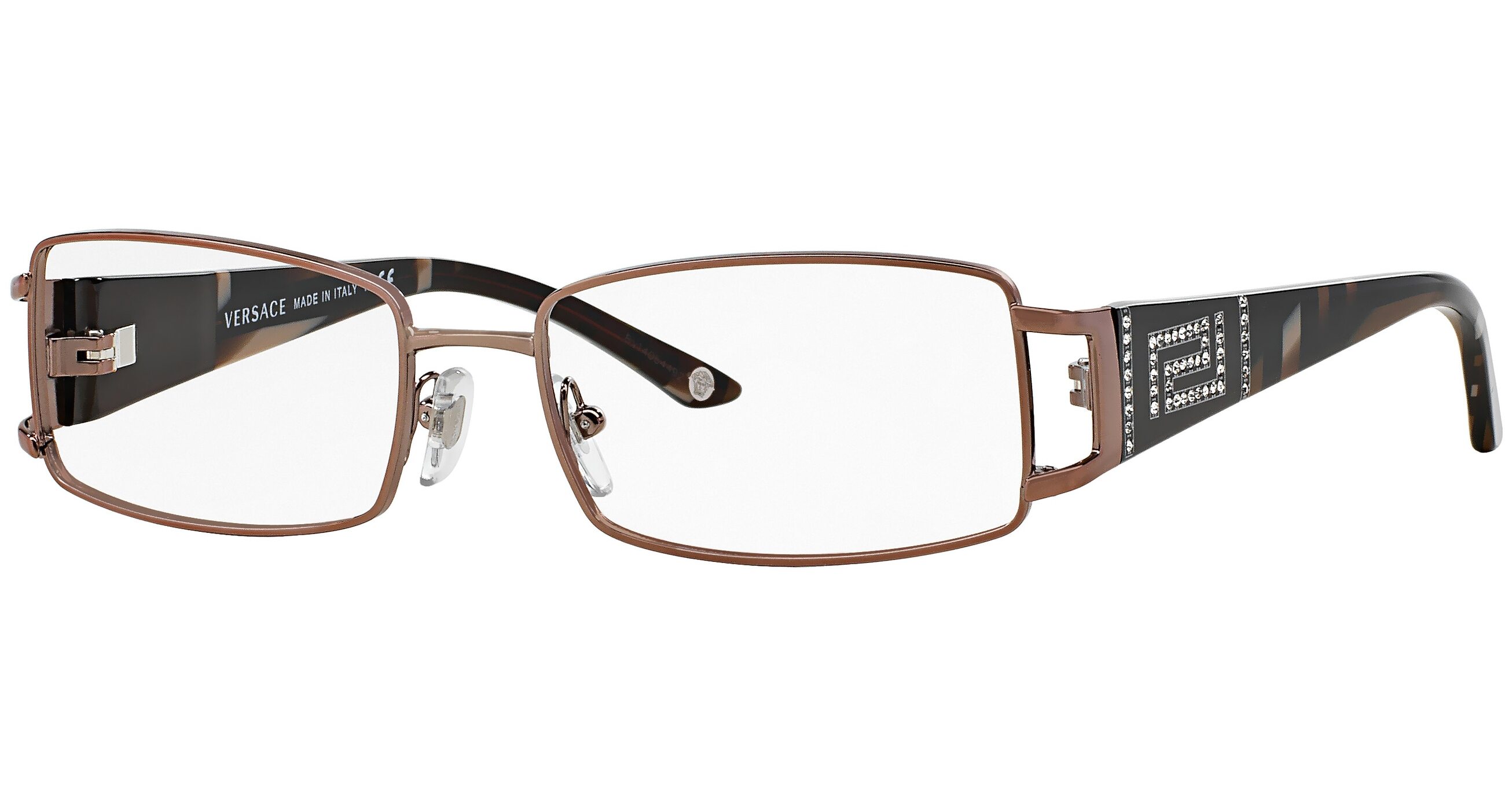 Versace VE1163B eyeglasses in brown with rectangular metal frame and rhinestone Greek key temples